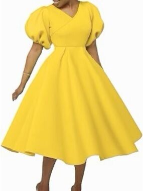 V-Neck Puff Sleeve Midi Dress in Yellow